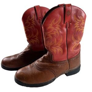 Justin Waterproof Western Work Boots Leather Brown Red Flame Size 9.5 D